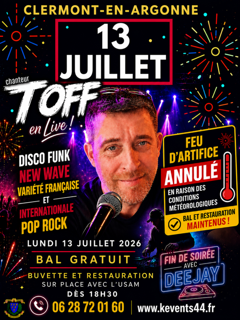 Affiche 13 juillet 2026 K EVENTS feu annulé